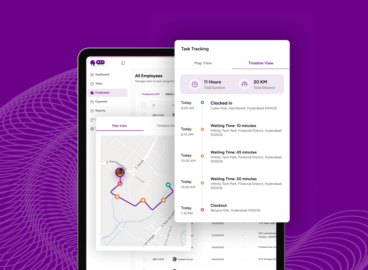 QbeeDesk dashboard — task tracking and map view